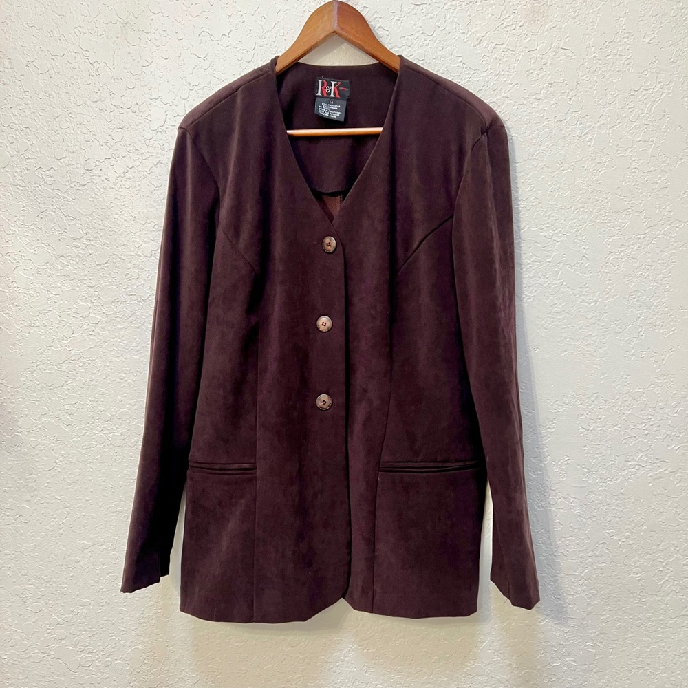 R&K‎ Originals Womens Brown Faux Suede Collarless Blazer Jacket Size 14 VTG
